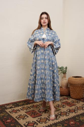 جلابية استايل كويتي لون ازرق موديل 2A5-6021