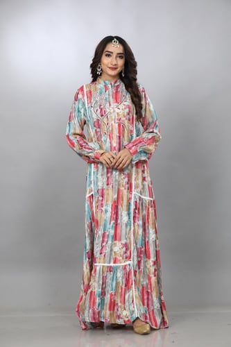 جلابية كويتية تطريز يدوي لون احمر مع ازرق سماوي مو...