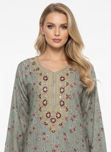 جلابية كشميري صدرية مربعه لون زيتي فاتح موديل SQ6-...