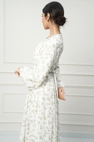 جلابية كويتي لون ابيض مشخر اخضر موديل CH5-14