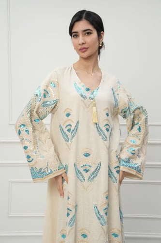 جلابية كويتي لون بيج موديل CH6-104