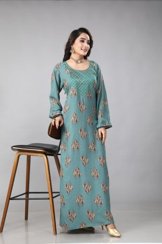 جلابية قطن ناعم منقوشة لون بترولي فاتح موديل SQ4-6...