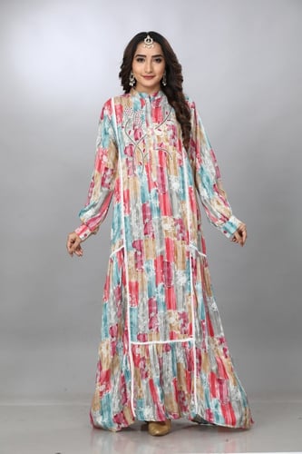 جلابية كويتية تطريز يدوي لون احمر مع ازرق سماوي مو...