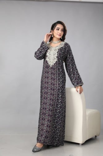 جلابية قطن منقوشة لون رصاصي وموف موديل SQ4-79