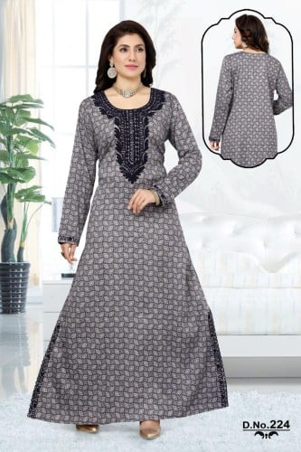 جلابية قطن منقوشة لون كحلي على رمادي موديل KB-42