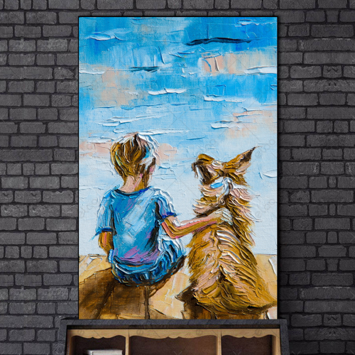 لوحة فن تجريدي لطفل وكلب تحت سماء زرقاء