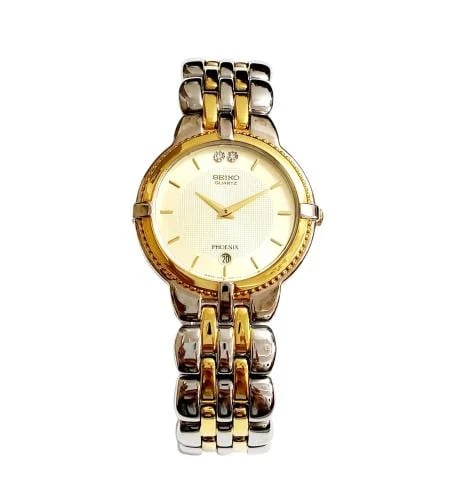 ساعة سيكو فينكس الفاخرة ( PHOENIX ) مميزة بفصوص الماس زركون بتاريخ مينا ذهبي مقاس 30mm-34mm ستانلس ستيل مطلي للونين للرجال - Vinta...