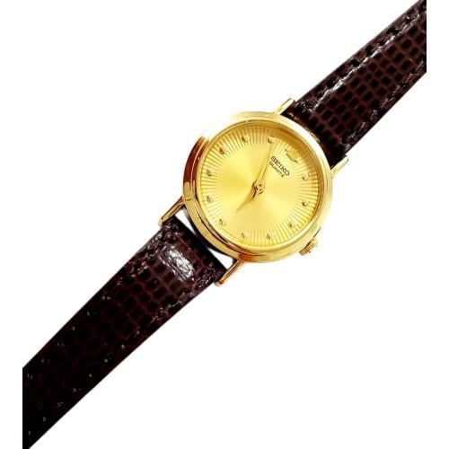 ساعة سيكو جلاكسي الرقيقة انالوج كوارتز المميزة (thin watch) 18mm-24mm مينا ذهبي حزام جلد فاخر للنساء - Vintage S10