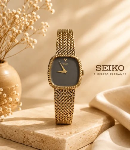 ساعة سيكو الكلاسيكية فنتج العتيقة انتاج الثمانينات الميلادية ( Antique Seiko ) مطلية باللون الذهبي للنساء - Vintage L28