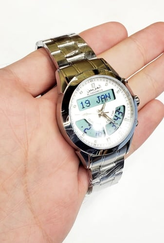 ساعة الحرمين الفاخرة ( توقيتين ) ستانلس ستيل فضي ل...