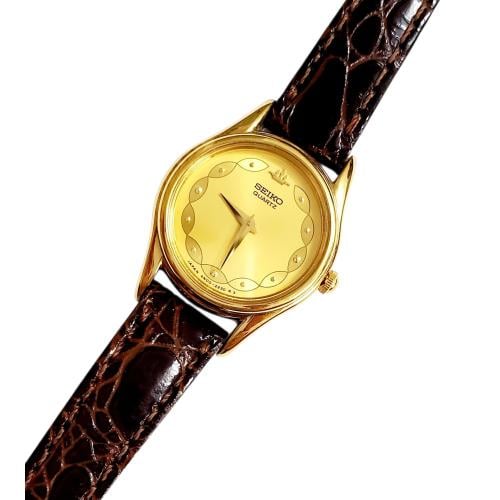 ساعة سيكو جلاكسي الرقيقة انالوج كوارتز المميزة (thin watch) 18mm-24mm مينا ذهبي حزام جلد فاخر للنساء - Vintage S14