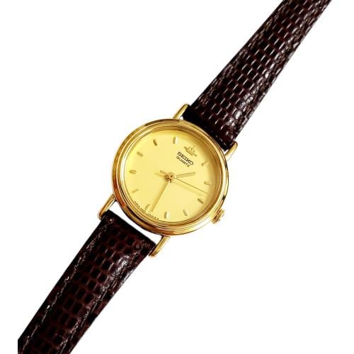 ساعة سيكو جلاكسي الرقيقة انالوج كوارتز المميزة (thin watch) 18mm-24mm مينا ذهبي حزام جلد فاخر للنساء - Vintage S15