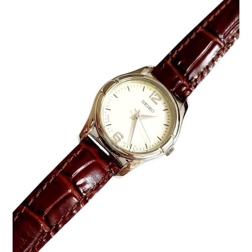 ساعة سيكو جلاكسي الرقيقة انالوج كوارتز المميزة (thin watch) 18mm-24mm مينا أبيض حزام جلد فاخر للنساء - Vintage S17