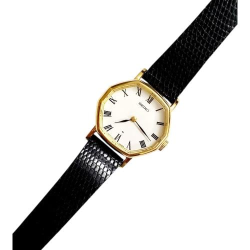 ساعة سيكو الرقيقة انالوج كوارتز المميزة (thin watch) 24mm مينا أبيض أرقام روماني حزام جلد فاخر لون اسود للنساء - Vintage S7