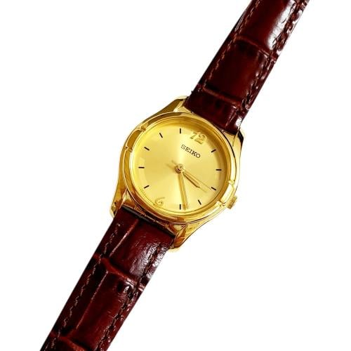 ساعة سيكو جلاكسي الرقيقة انالوج كوارتز المميزة (thin watch) 18mm-24mm مينا ذهبي حزام جلد فاخر للنساء - Vintage S16