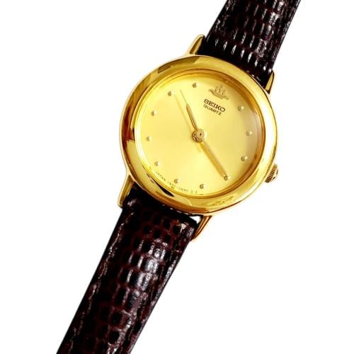 ساعة سيكو جلاكسي الرقيقة انالوج كوارتز المميزة (thin watch) 18mm-24mm مينا ذهبي حزام جلد فاخر للنساء - Vintage S12