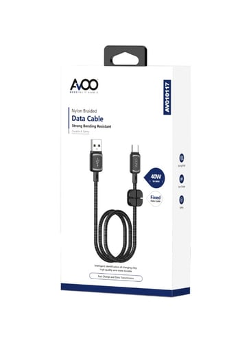 كيبل USB من نوع سي بلون اسود قماشي مع اداه تثبيت ا...