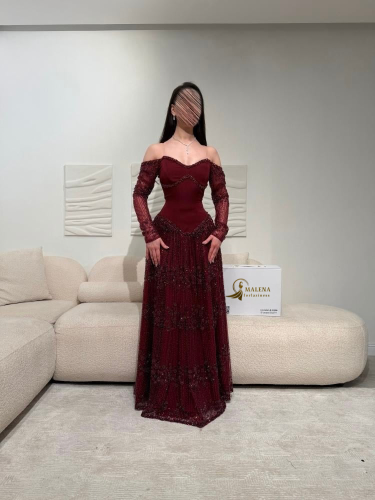 Burgundy Off-Shoulder Evening Dress - فستان سهرات...
