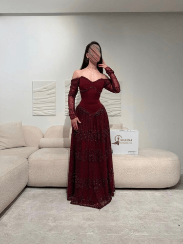 Burgundy Off-Shoulder Evening Dress - فستان سهرات...