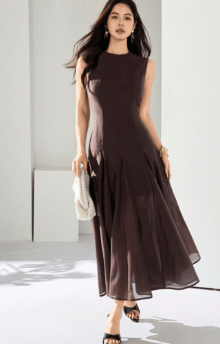 Heiryn فستان أنيق بياقة مستديرة وبدون أكمام ذو لون...