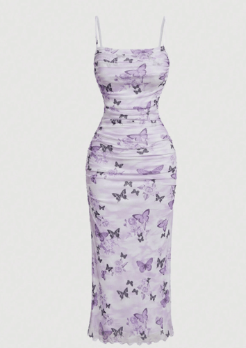 SHEIN MOD فستان طويل من مادة الشبكة والتجاعيد، مطب...