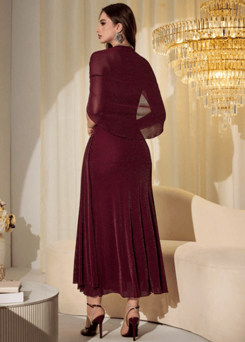 Modelyn فستان طويل مناسب مع أكمام شال من الشبك وال...