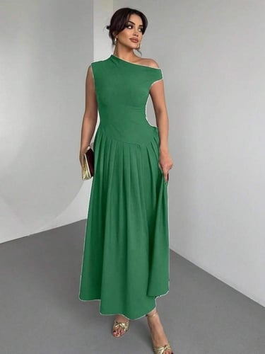 فستان نسائي أنيق بياقة مربعة مع تنورة مكسرة، قماش...