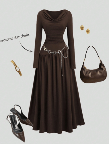 Sweetra فستان أنيق بأكمام طويلة وياقة عميقة باللون...