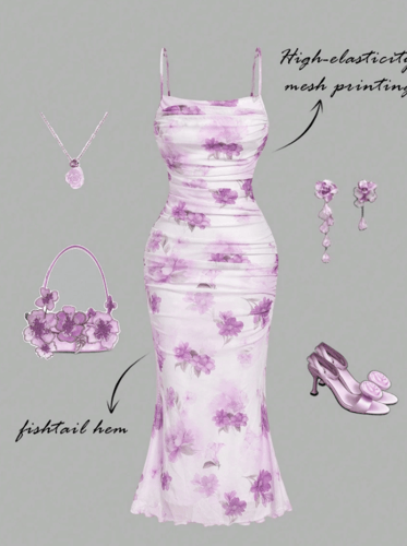 SHEIN MOD فستان طويل من مادة الشبكة والتجاعيد، مطب...