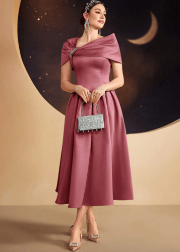 Modelyn فستان طويل أنيق للنساء ذو لون أحادي مع رقب...