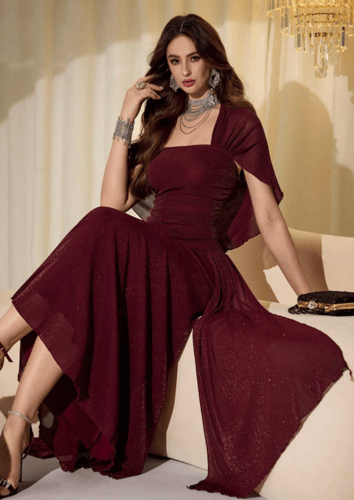 Modelyn فستان طويل مناسب مع أكمام شال من الشبك وال...