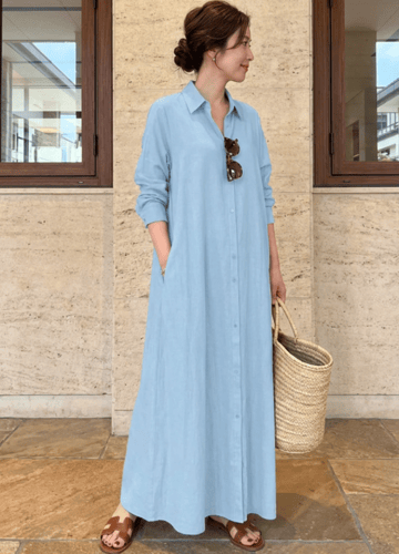 فستان قميص ماكسي طول لون أساسي كاجوال للنساء أنيق...