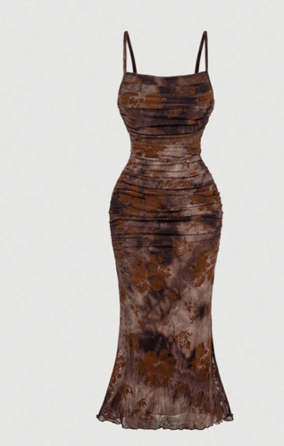 SHEIN MOD فستان طويل من مادة الشبكة والتجاعيد، مطب...