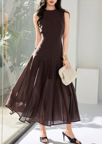 Heiryn فستان أنيق بياقة مستديرة وبدون أكمام ذو لون...