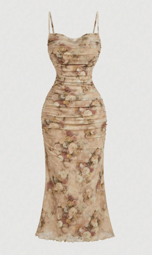 SHEIN MOD فستان طويل من مادة الشبكة والتجاعيد، مطب...