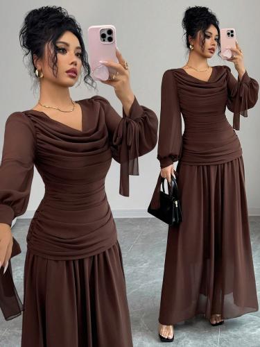 Elenzga chiffon elegant dress for women with ruffl...