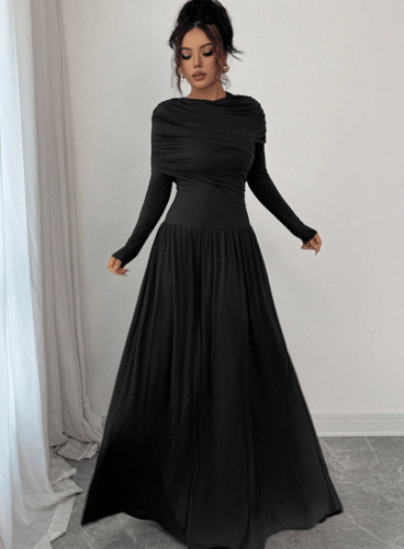 فستان أنيق للنساء بأكمام طويلة مطوي، لون بوردو، جو...