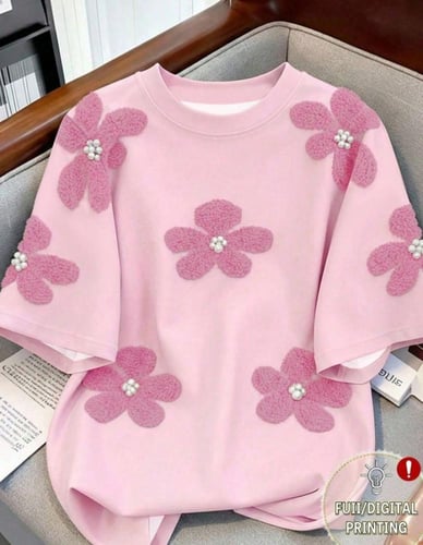 Resyla تي شيرت نسائي بطبعة رقمية بزهور مرصعة بالدب...