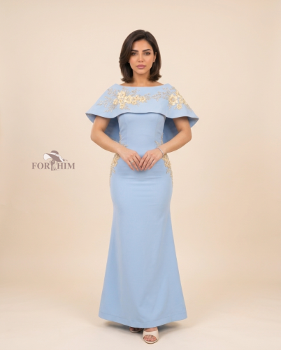 فستان سهرة ناعم سماوي قطعتين مزين ورود يجمع بين ال...