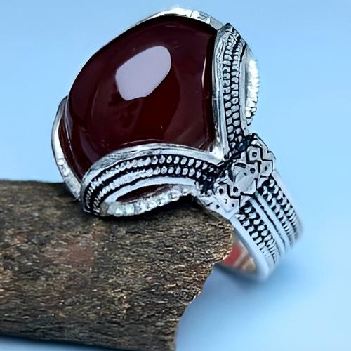 خاتم عقيق يمني كبدي – فضة 925