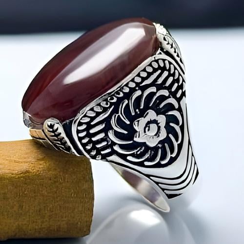 خاتم عقيق يمني كبدي – فضة 925