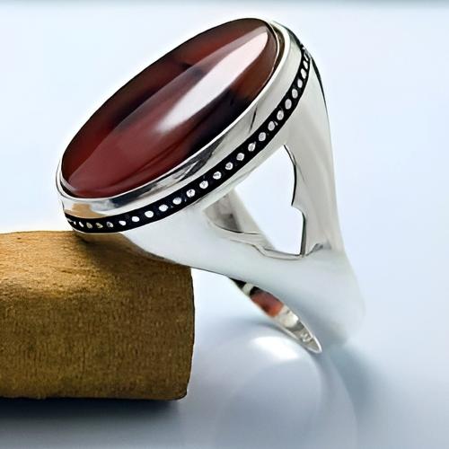 خاتم عقيق يمني كبدي – فضة 925