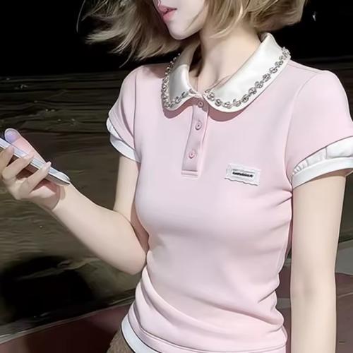 تي شيرت نسائي صيفي قصير الأكمام بتصميم كوري وردي، بخصر ضيق وقصة تنحيف، بتصميم قطعتين وهميتين.