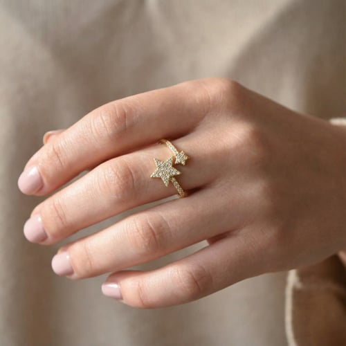 [R037] خاتم النجمتين مطلي بالذهب