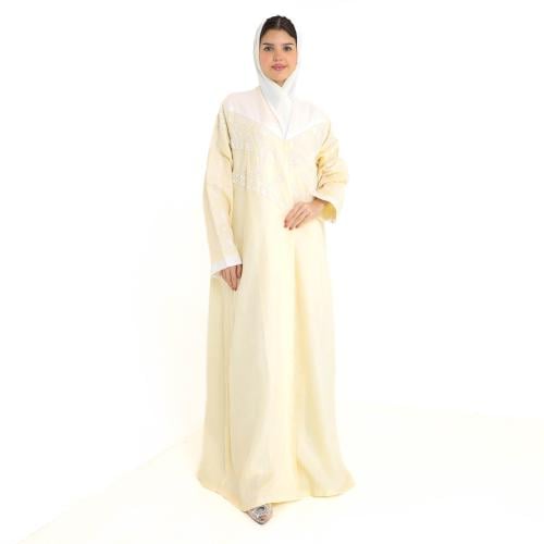 عباية لينن ليموني مطرزة بالأبيض