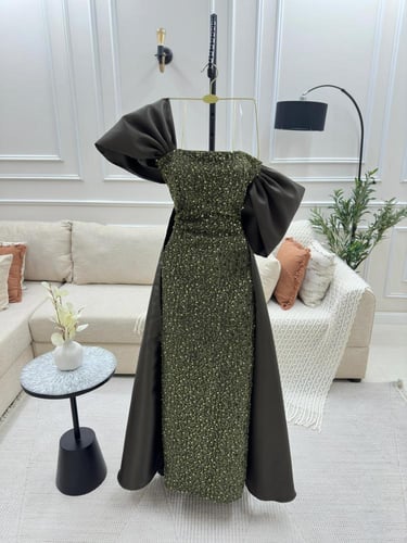 فستان سهره زيتي ذيل طويل