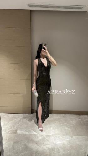 فستان سهرة دانتيل ع خرز بالون الزيتي