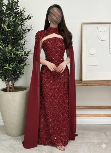 فستان سهرة باكمام طويل أنيقه بالون البيج