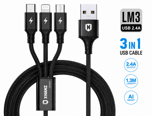 كيبل XHANZ LM3 شحن سريع 3 في 1 بطول 1.3 متر – أسود