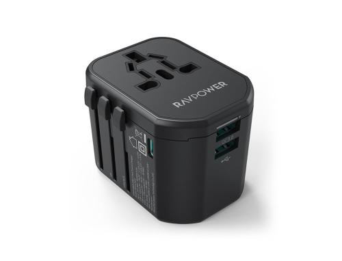 محول سفر عالمي RAVPower بقوة 20W مع 3 منافذ USB وUSB-C